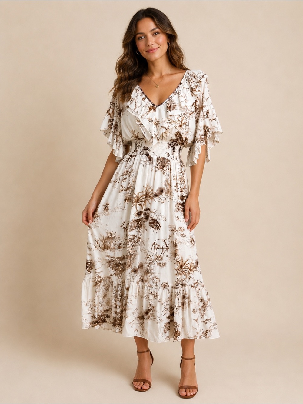 Sandro Paris Safari Toile Ruffle Midi Dress Smocked Waist NWT Small